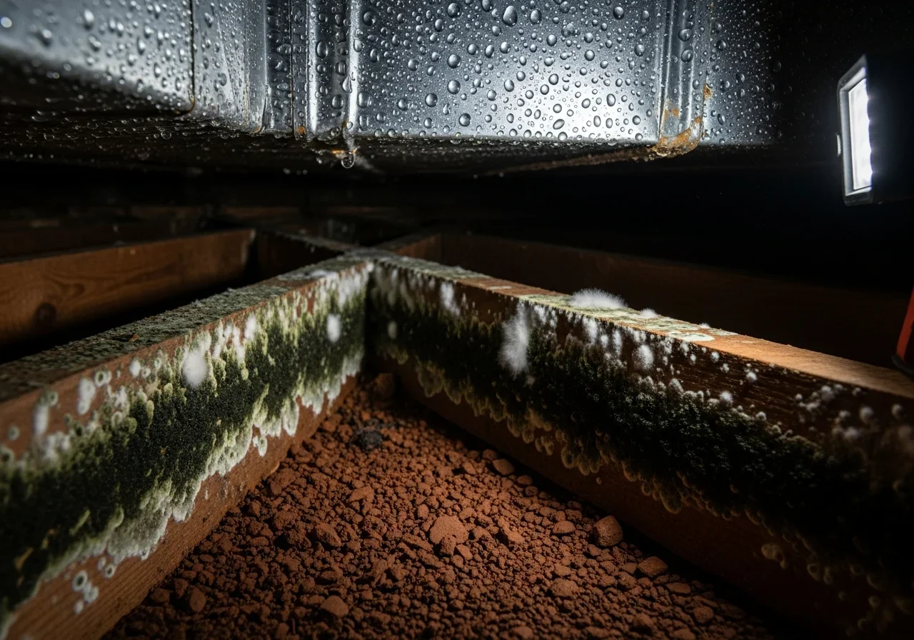 Severe mold growth on wooden floor joists in a Kings Mountain NC crawl space showing dark colonies and moisture damage