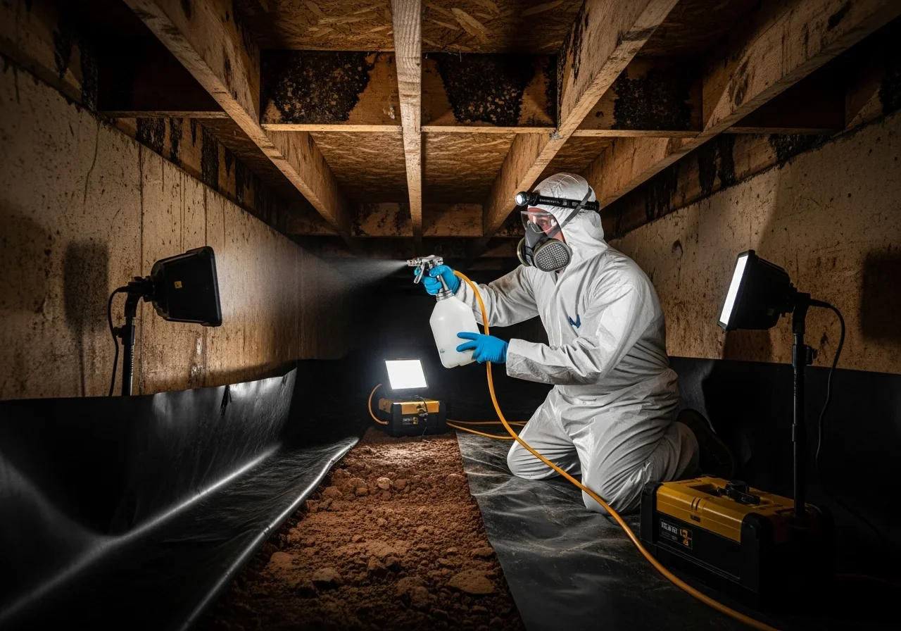 Palm Build technician in full PPE treating mold on floor joists in a Kings Mountain NC crawl space