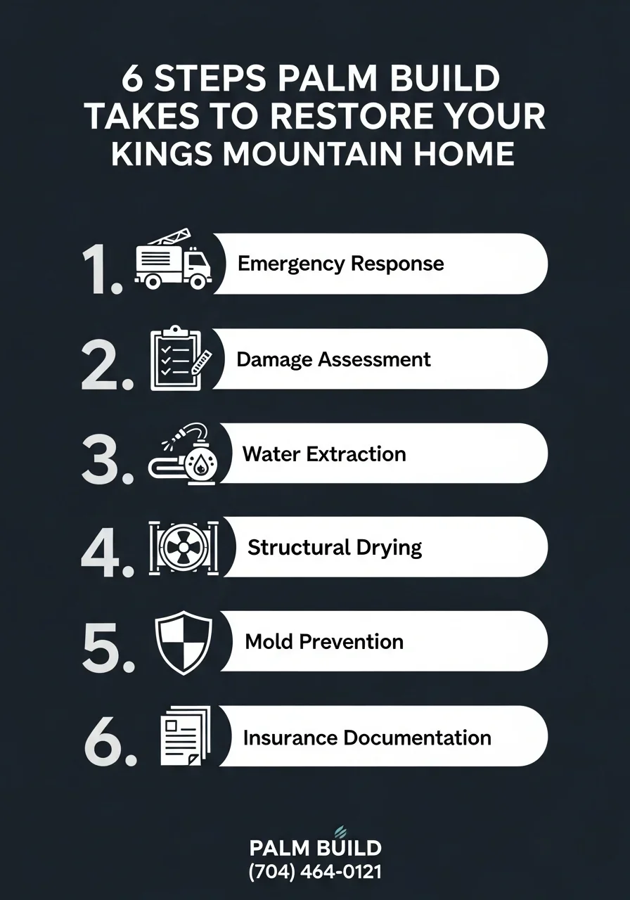 Infographic showing Palm Build's 6-step water damage restoration process for Kings Mountain NC homes