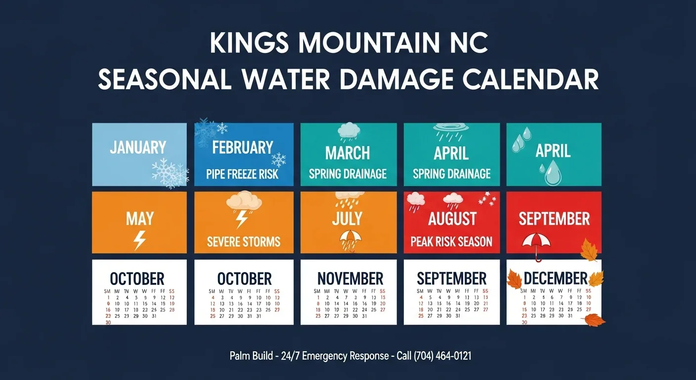 Professional infographic showing monthly water damage risk calendar for Kings Mountain NC