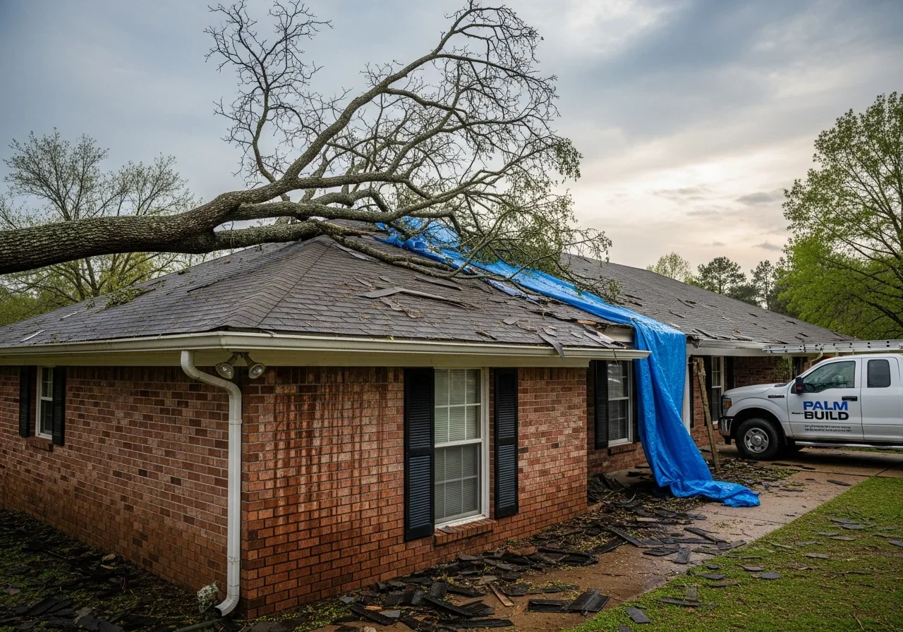 Storm damage to roof of Kings Mountain NC brick ranch home with fallen tree branch and emergency tarping