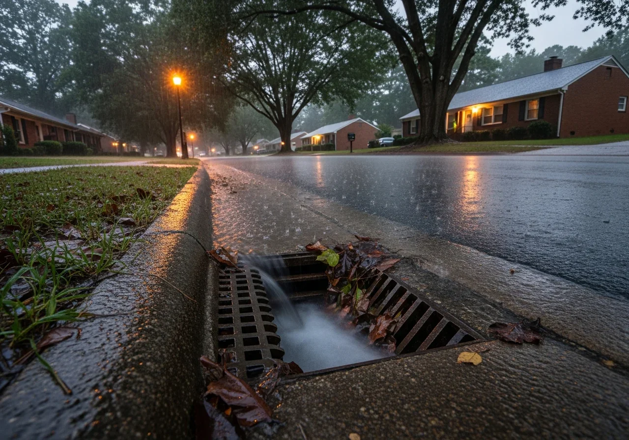Storm drain catch basin partially blocked by leaves during heavy rainfall in Kings Mountain NC neighborhood