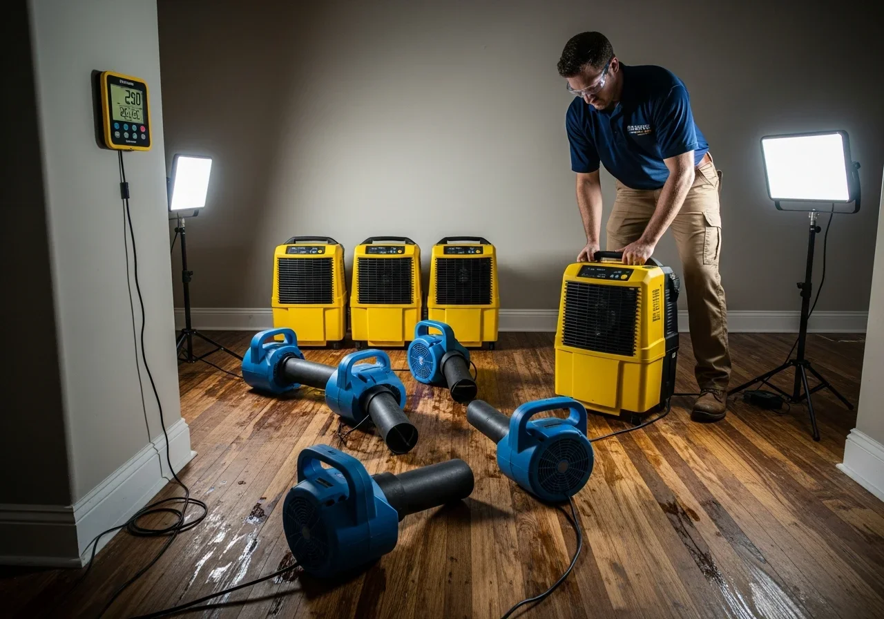 Commercial dehumidifiers and air movers set up for structural drying in a Kings Mountain NC home