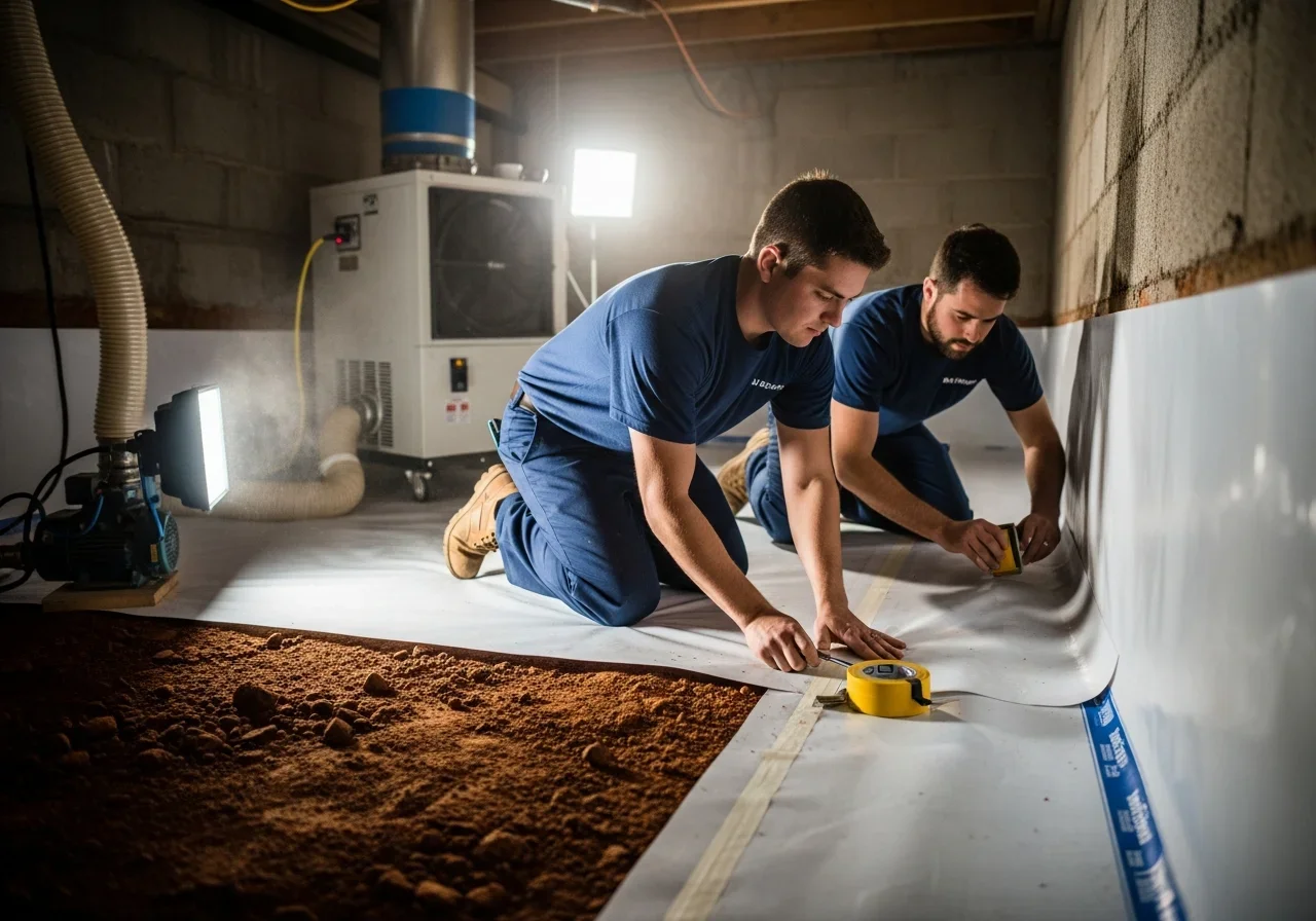 Palm Build team installing heavy-duty vapor barrier in a Kings Mountain NC crawl space over red clay soil