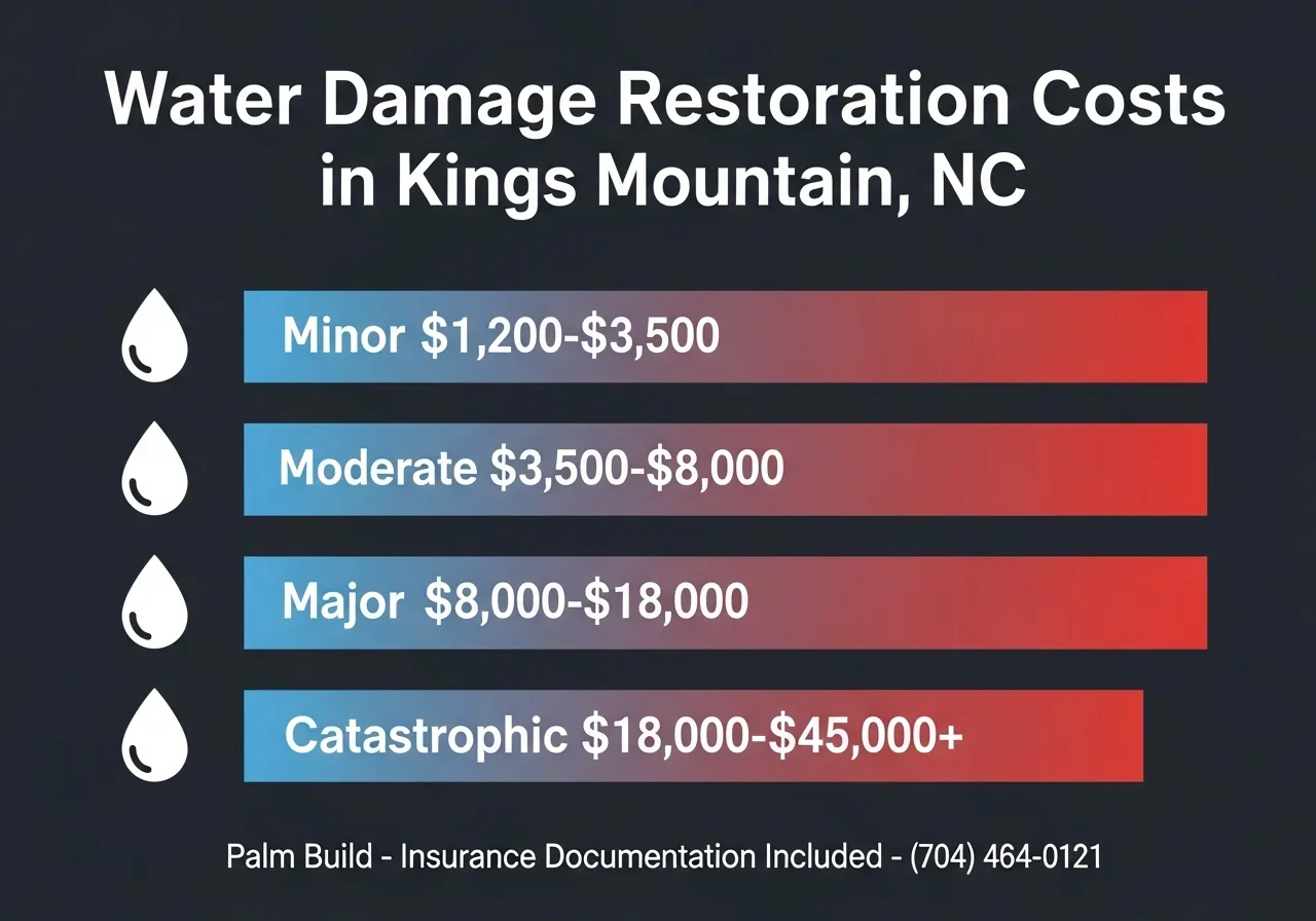 Professional infographic showing water damage restoration cost ranges for Kings Mountain NC homes