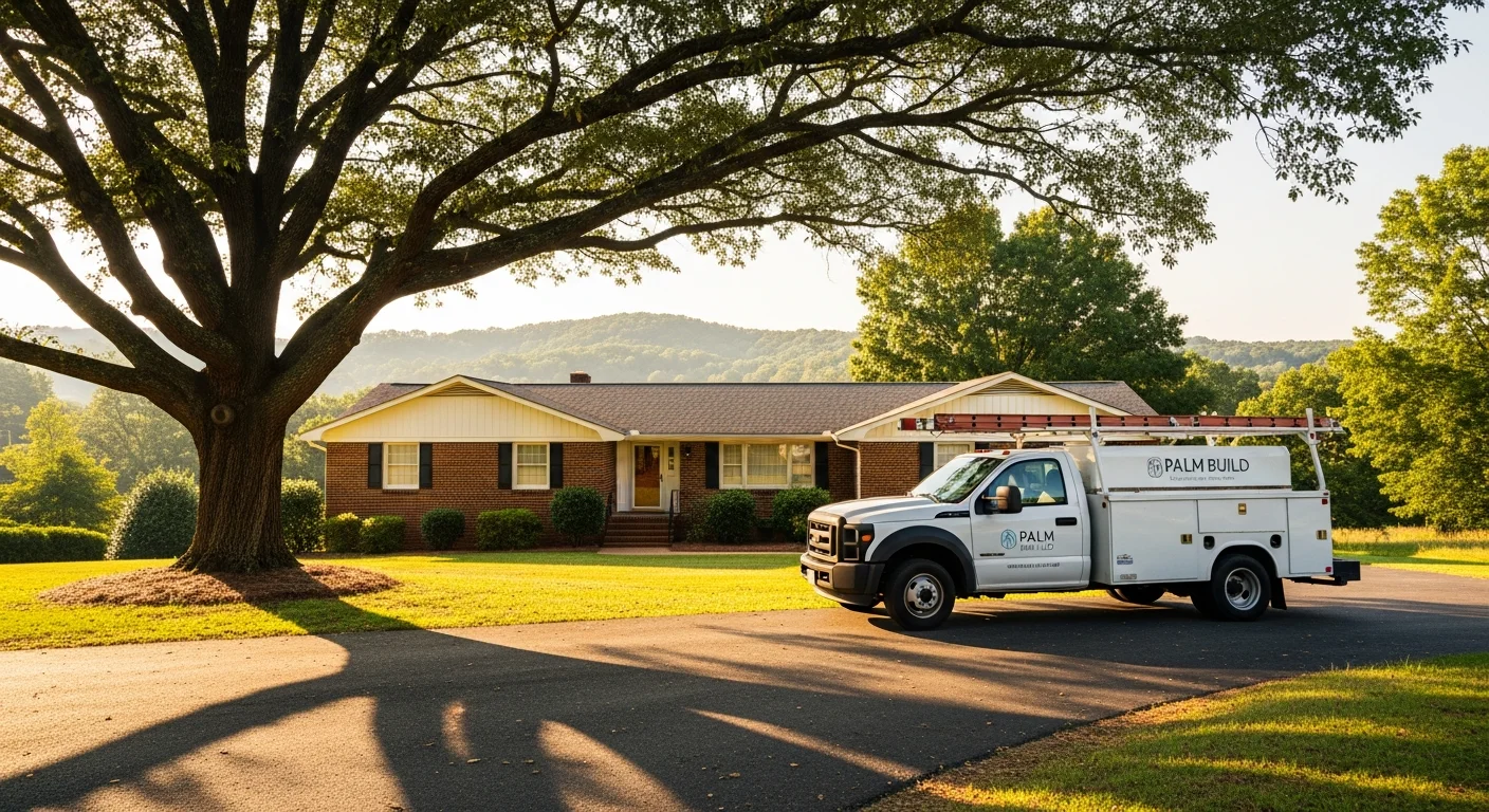 Palm Build restoration truck parked in front of a brick ranch home in Kings Mountain North Carolina foothills neighborhood with mature oak trees