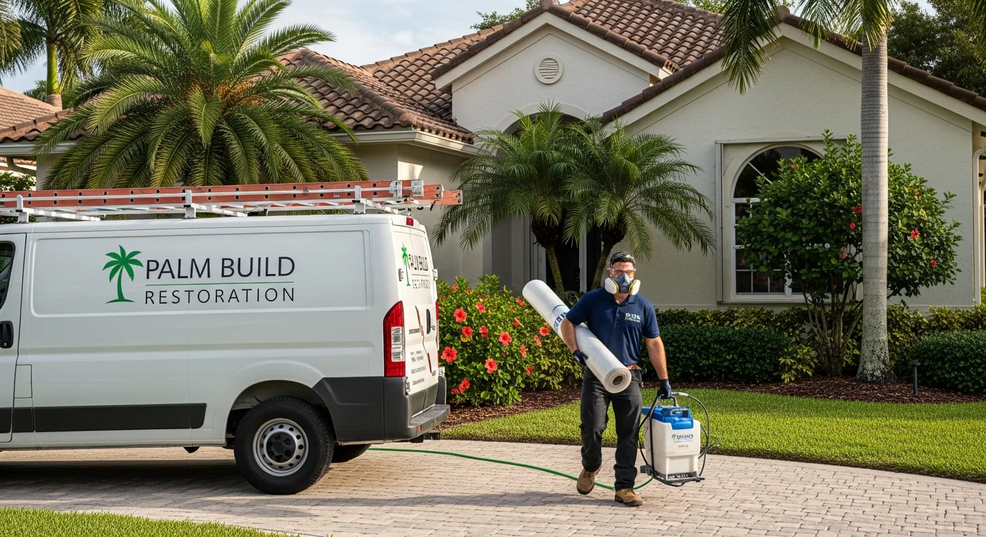 Palm Build Restoration mold remediation technician arriving at a Lake Worth Beach Florida home with containment and HEPA equipment
