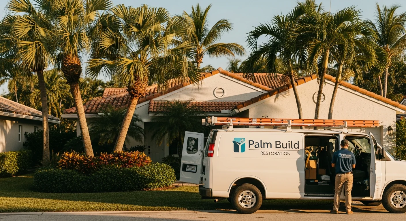 Palm Build Restoration work van parked at a CBS stucco home in Lake Worth Beach, Florida during a water damage emergency call