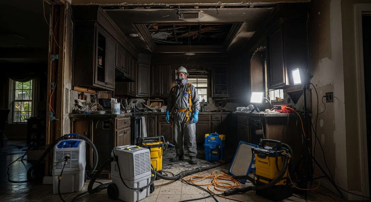 Palm Build fire and smoke cleanup crew assessing fire damage at a Lake Worth Beach Florida residential property with CBS stucco construction