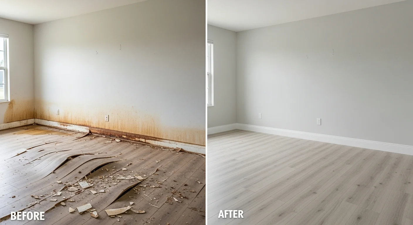 Before and after living room reconstruction in a Lake Worth FL home showing full restoration
