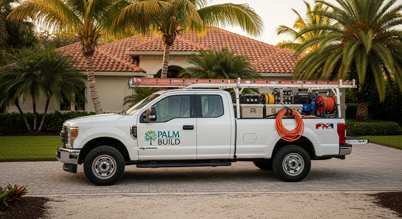 Palm Build branded restoration truck parked at a residential property in Lake Worth Beach, Florida for emergency water damage response