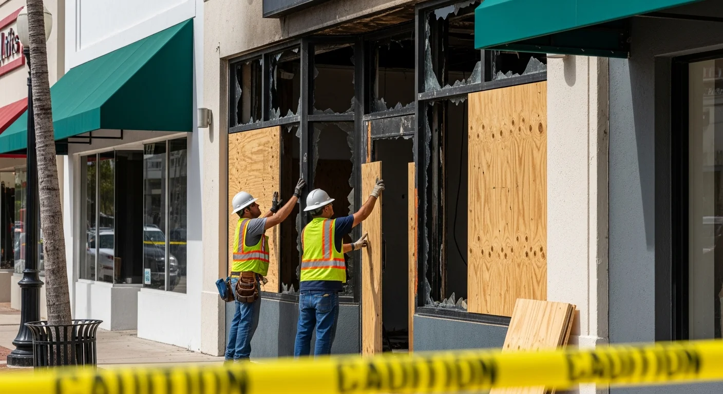 Emergency board-up service on a fire-damaged commercial property in Lake Worth Beach FL