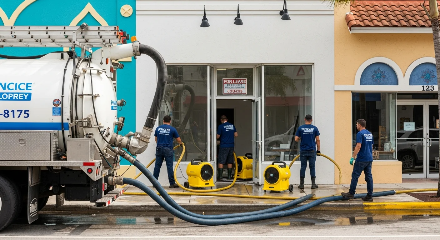 Commercial water extraction in progress at a Lake Worth FL business using truck-mounted equipment