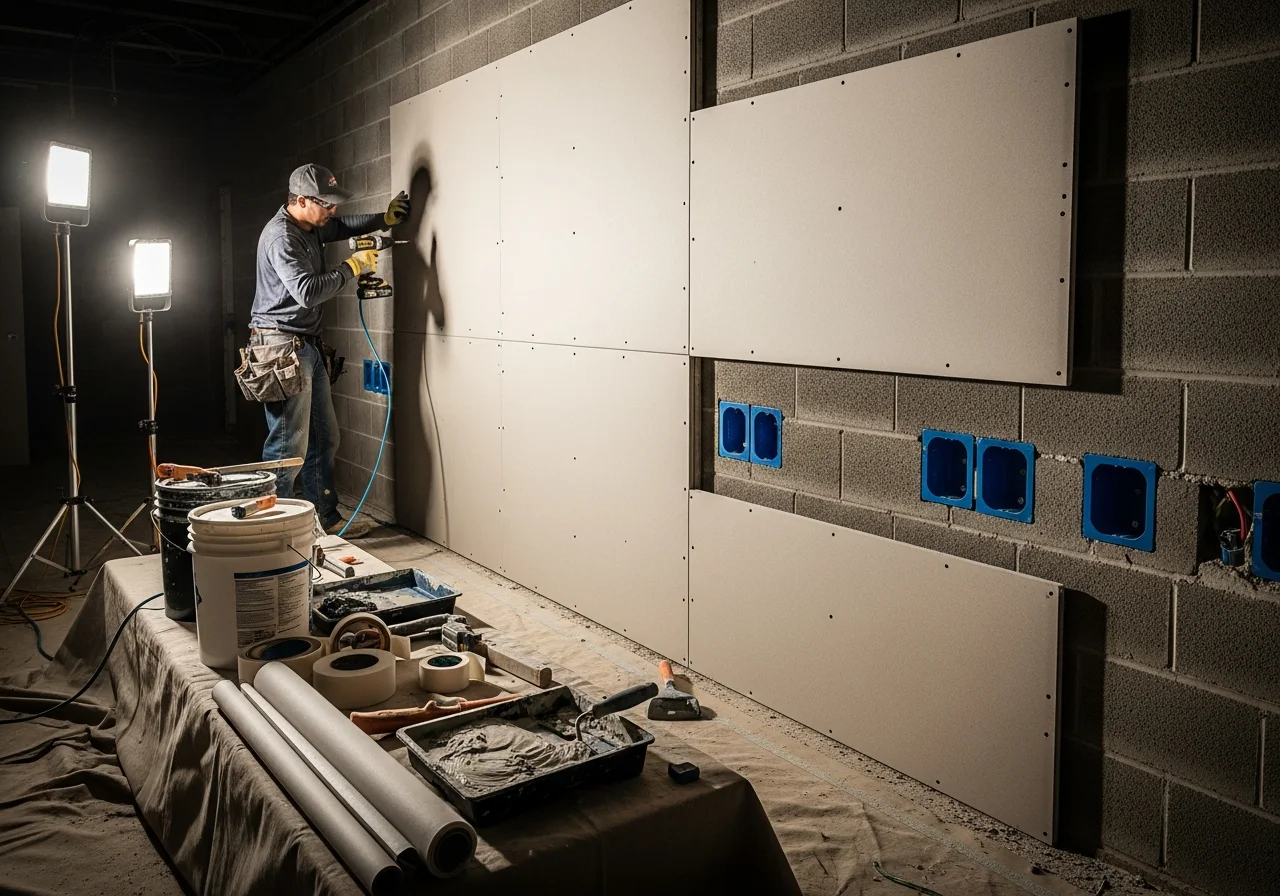 Drywall reconstruction on CBS block walls in a Lake Worth FL home with furring strips and moisture barrier