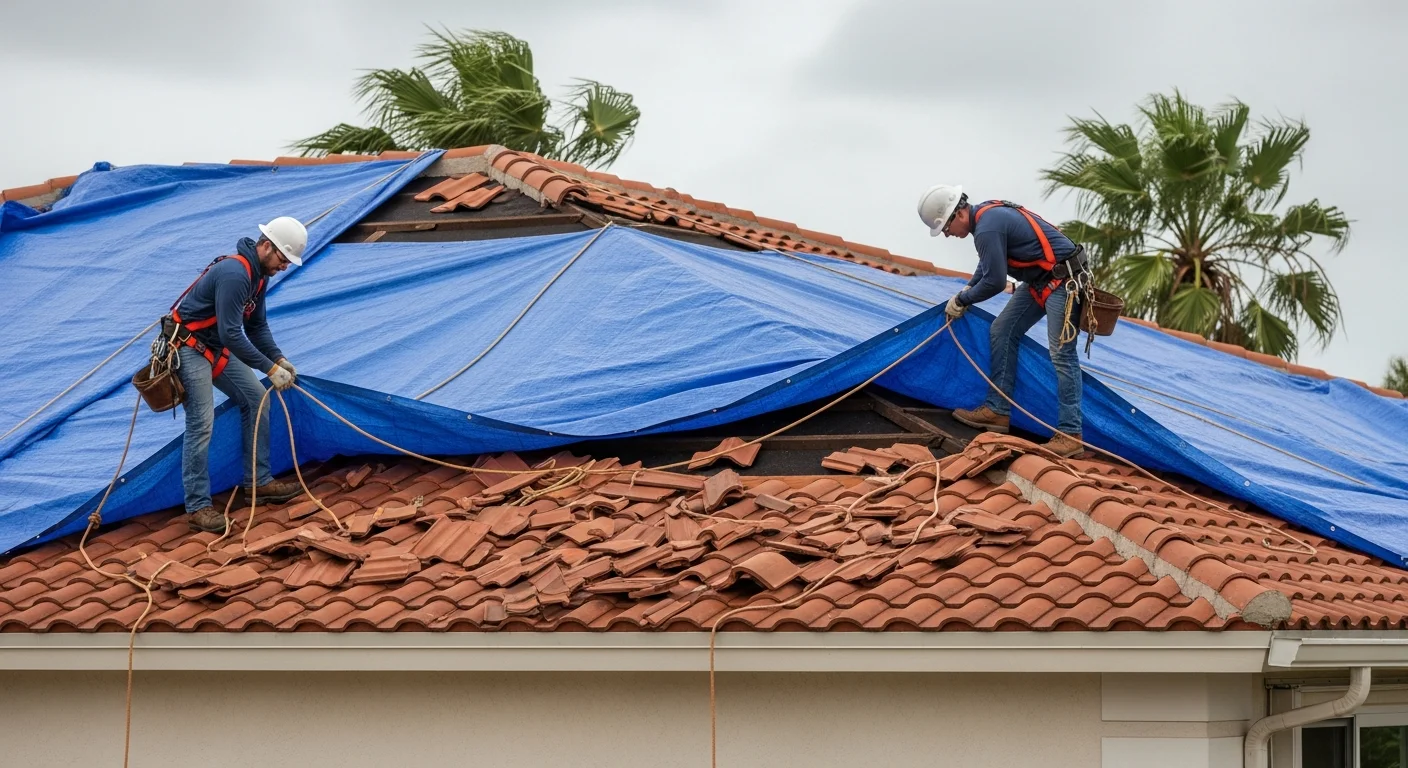 Emergency roof tarping on a storm-damaged Lake Worth Beach FL home with Palm Build crew securing reinforced polyethylene