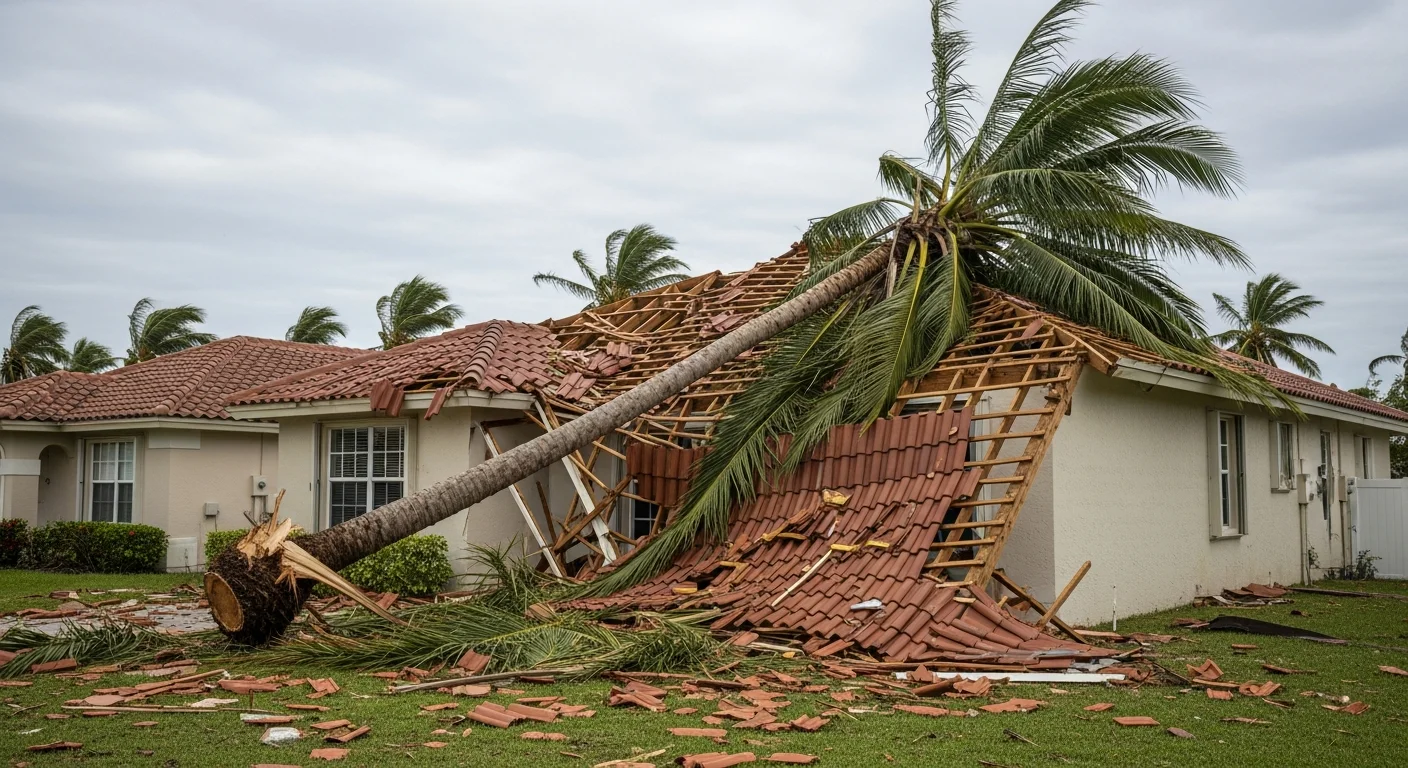 Fallen tree causing roof damage to a Lake Worth Beach FL home during storm event