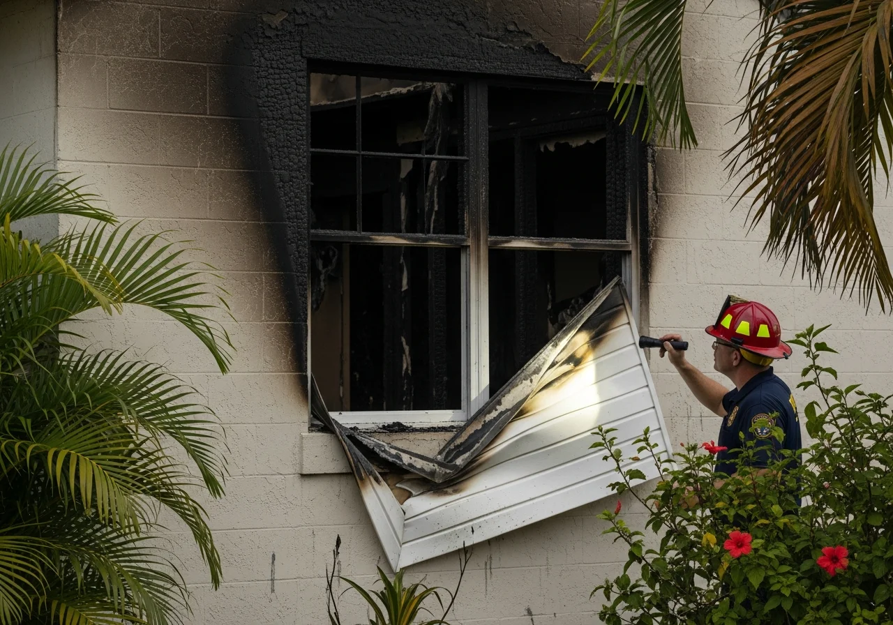Fire damage to exterior of a Lake Worth Beach FL home showing charred siding and smoke staining on stucco