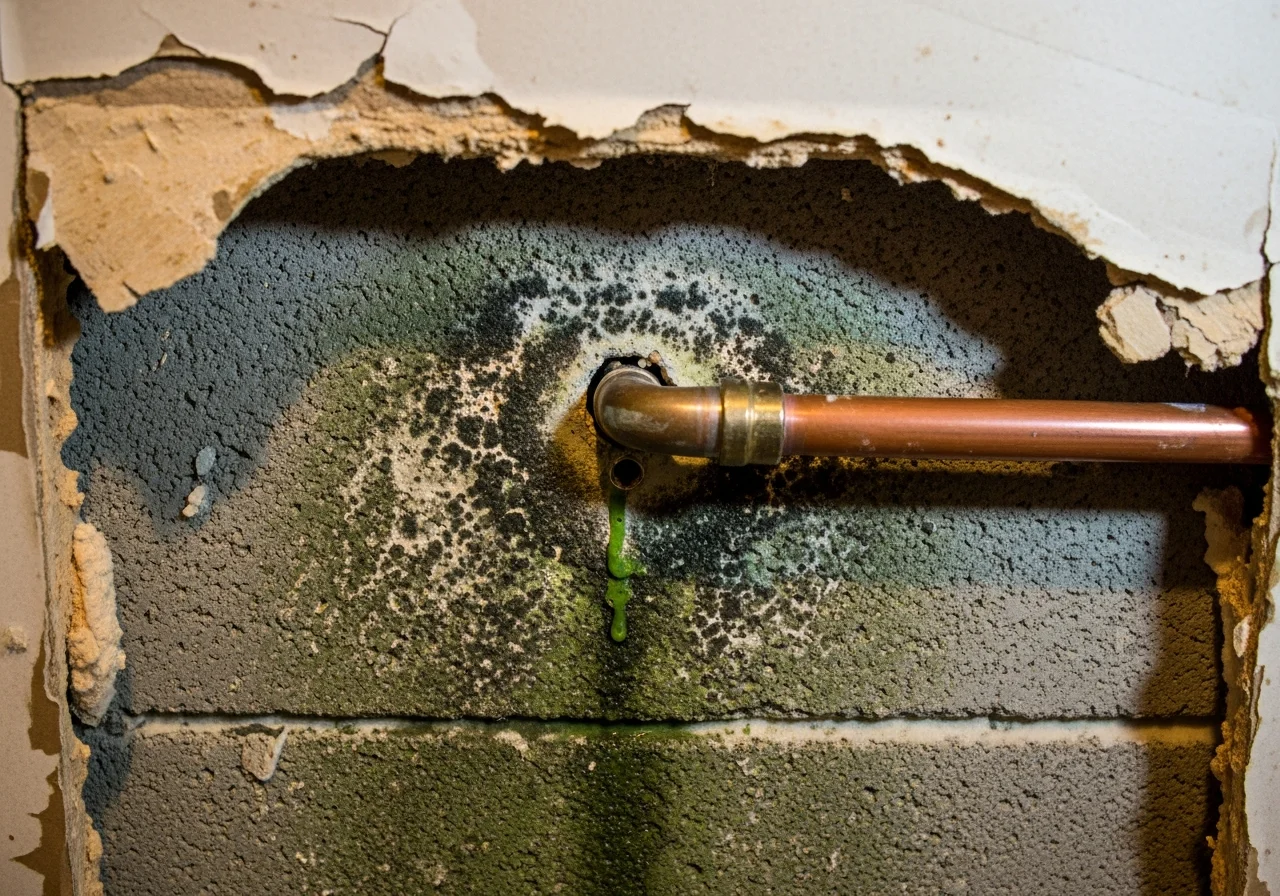 Hidden mold growth discovered behind drywall on CBS concrete block wall in a Lake Worth Beach FL home