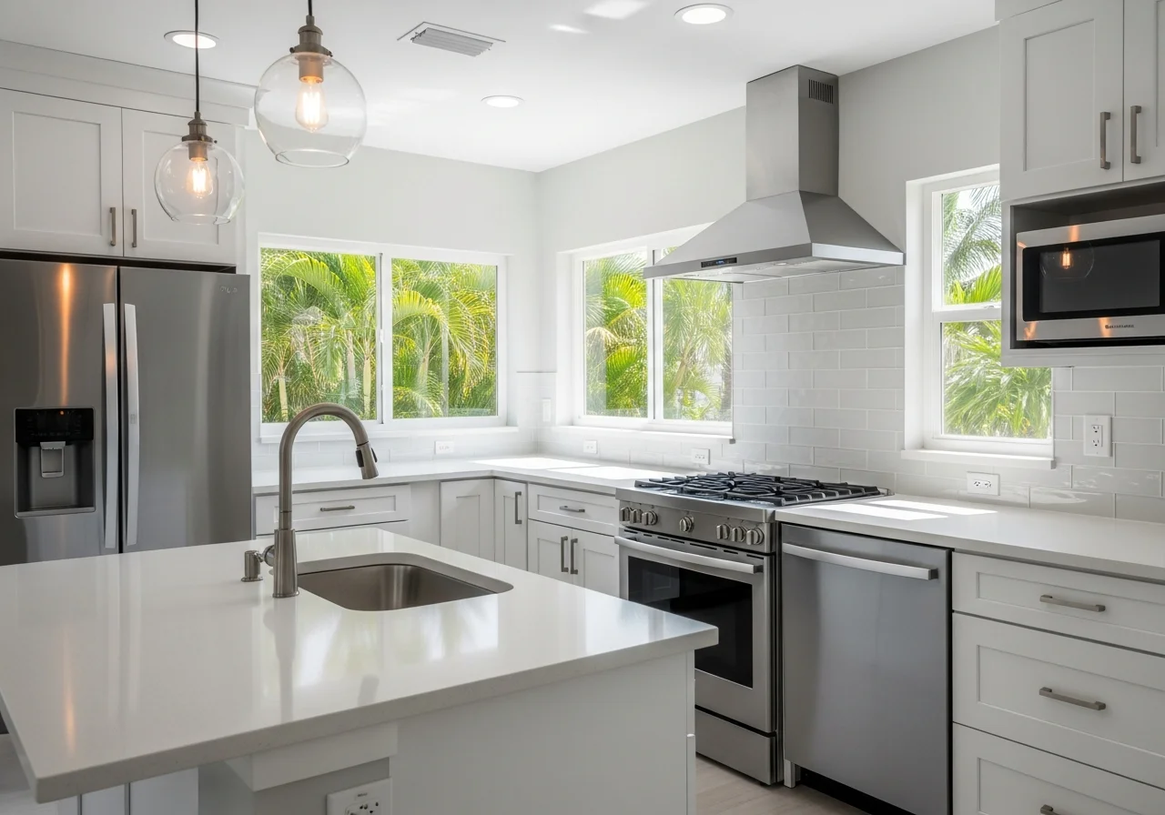 Completed kitchen reconstruction in a Lake Worth FL home showing new cabinets, countertops, and tile