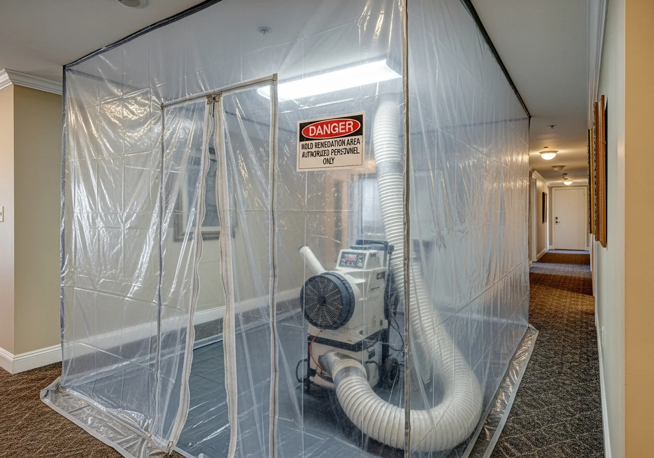 Professional mold remediation containment barrier with HEPA air scrubber setup in Lake Worth Beach FL condo