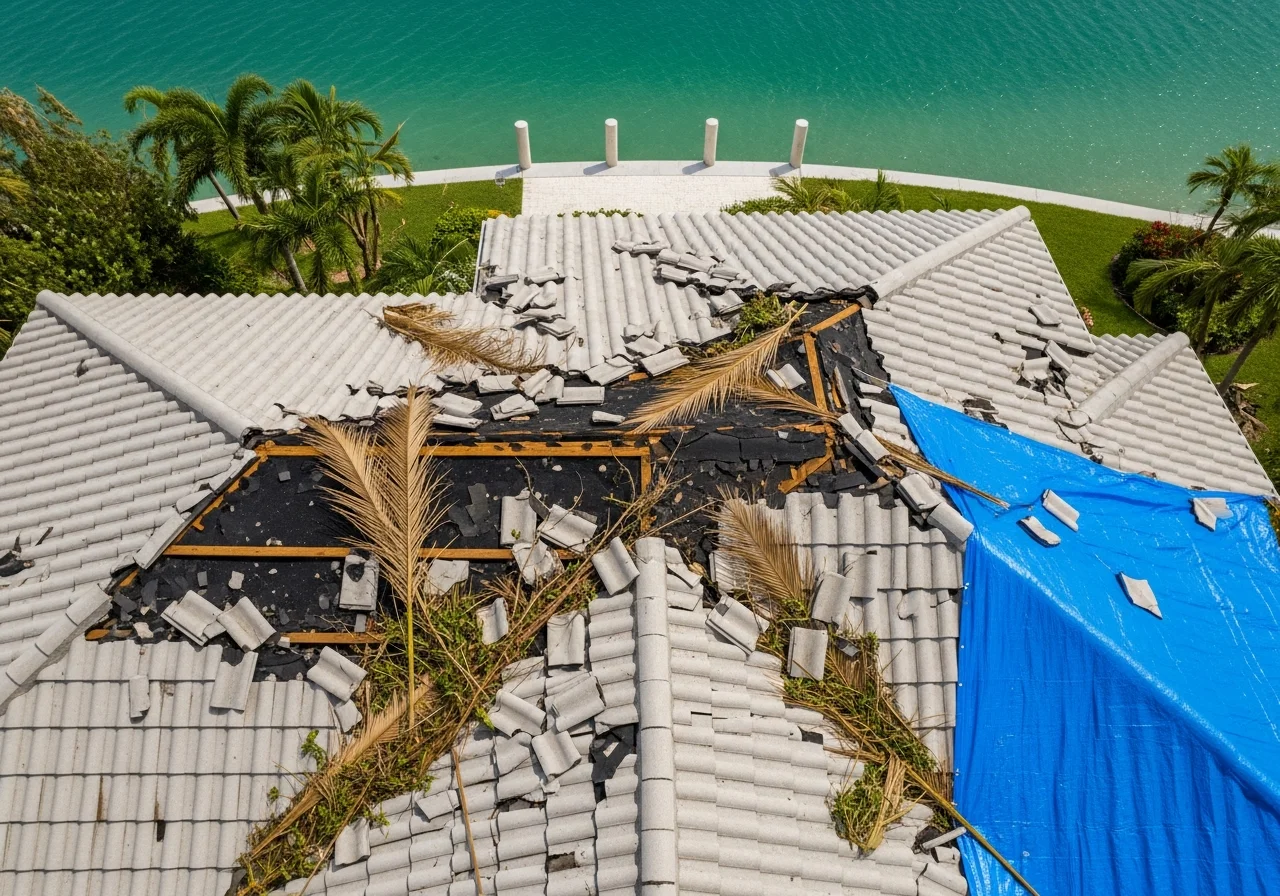 Aerial view of storm damage to roof of Lake Worth Beach FL home showing missing tiles and exposed underlayment