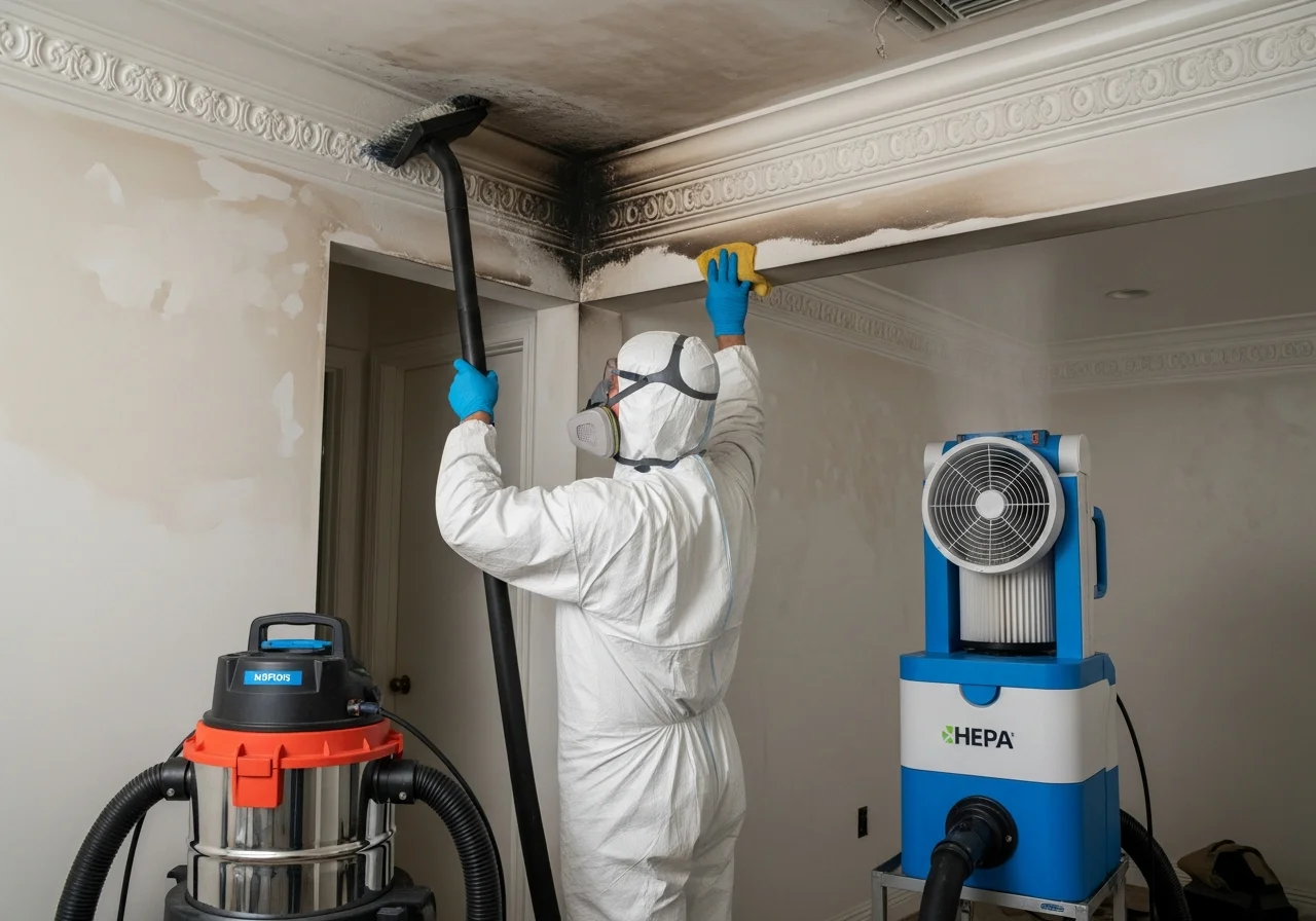 Professional soot cleaning in progress at a Lake Worth Beach FL property with HEPA equipment and chemical treatments