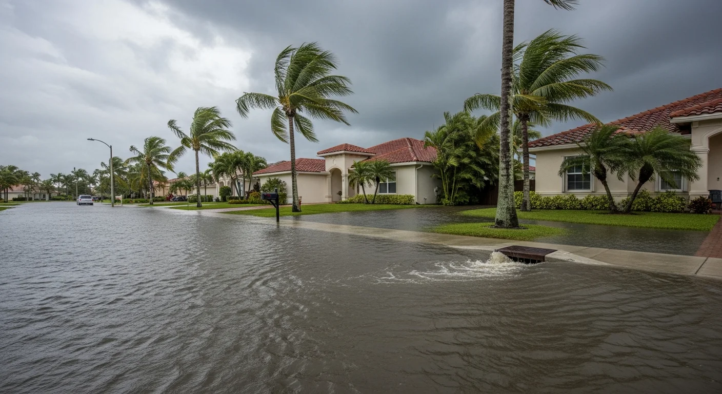 Street flooding during heavy rainstorm in Lake Worth Beach FL with water covering roadways near LWDD canal