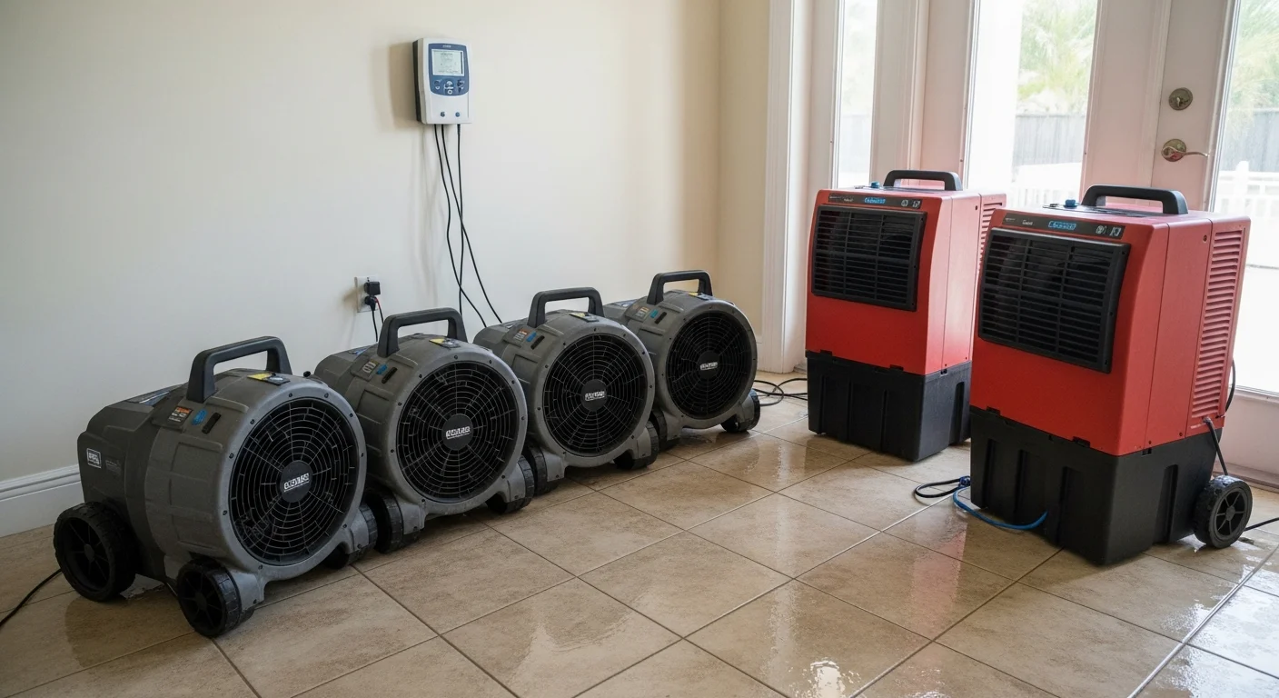 Commercial structural drying equipment including dehumidifiers and air movers deployed inside a water-damaged Lake Worth Beach home