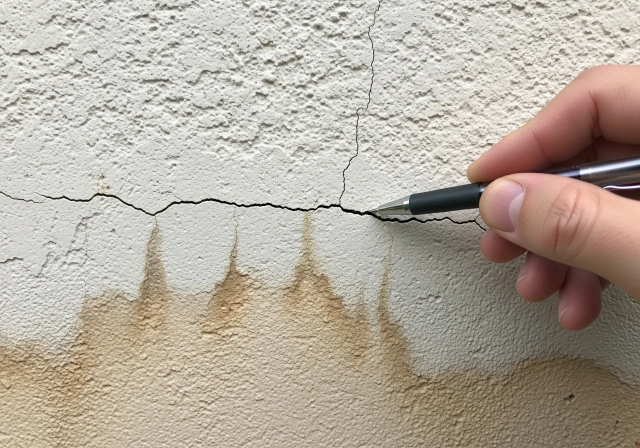 Close-up of CBS stucco hairline crack allowing water intrusion on a Lake Worth Beach Florida home