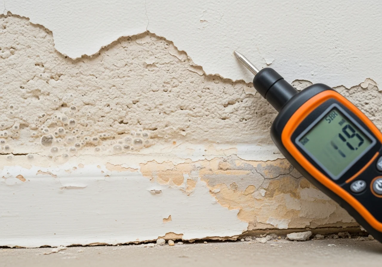 Close-up of water damage on interior wall of a Lake Worth Beach Florida home showing moisture wicking through CBS block construction