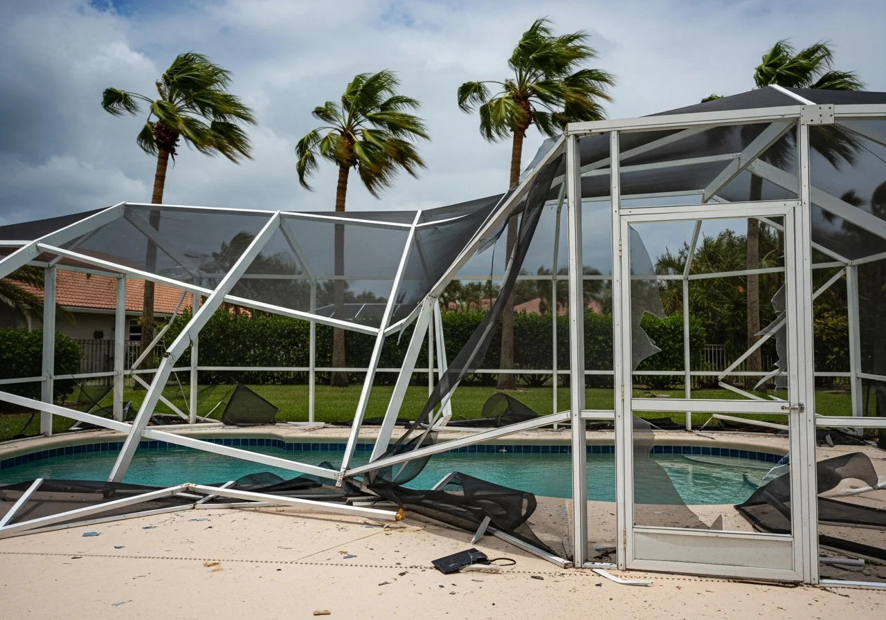 Wind damage to screen enclosure and pool cage at a Lake Worth Beach FL home after hurricane