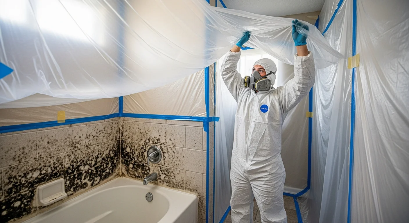 DBPR-licensed mold remediation technician performing moisture assessment in a Lake Worth Beach FL home with HEPA filtration equipment