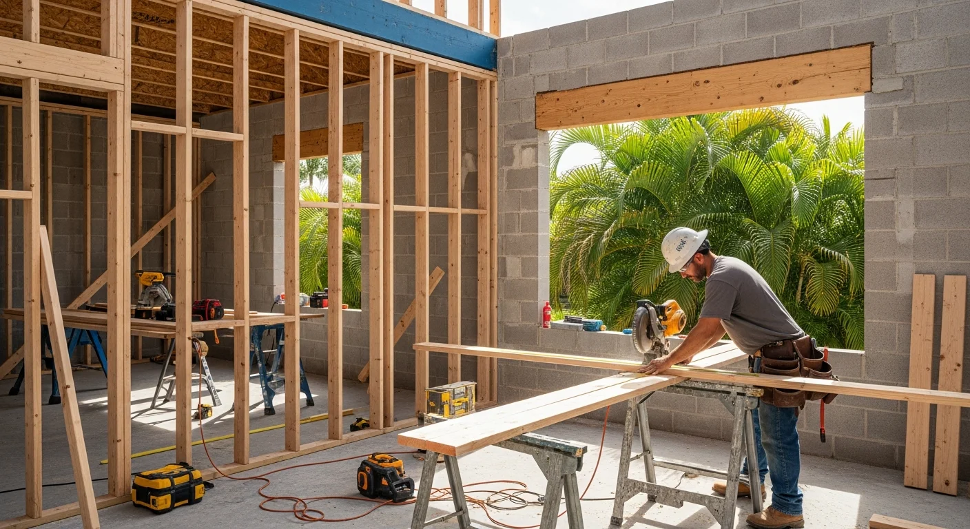 Interior reconstruction in progress at a Lake Worth Beach FL home showing CBS wall repair, new drywall installation, and premium finish work by Palm Build crew
