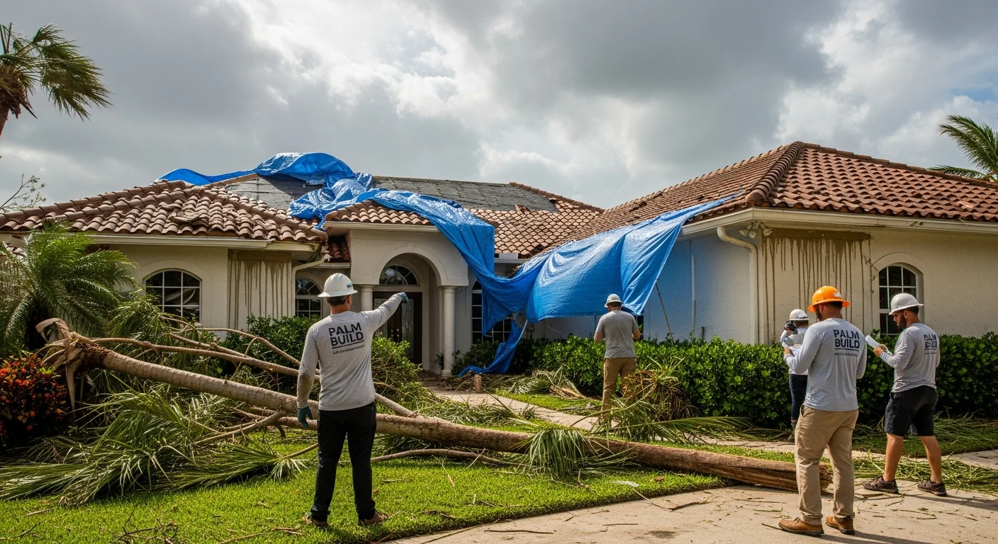 Storm damage restoration scene in Lake Worth Beach FL showing Palm Build crew responding to hurricane-damaged CBS stucco home with tile roof and tropical landscaping