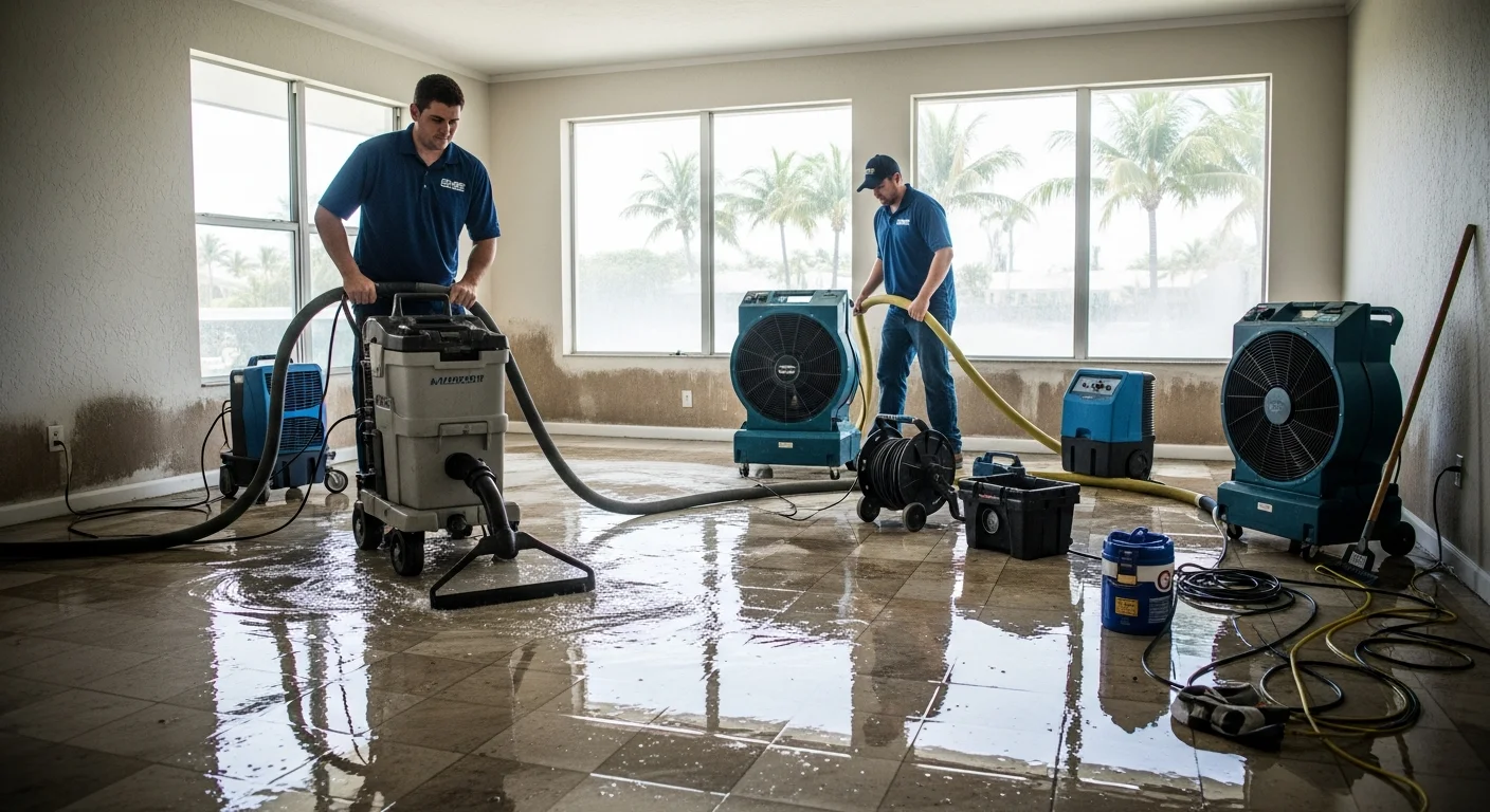 Palm Build restoration truck responding to a water damage emergency at a CBS stucco home in Lake Worth Beach, Florida with tropical landscaping and lagoon-area palm trees