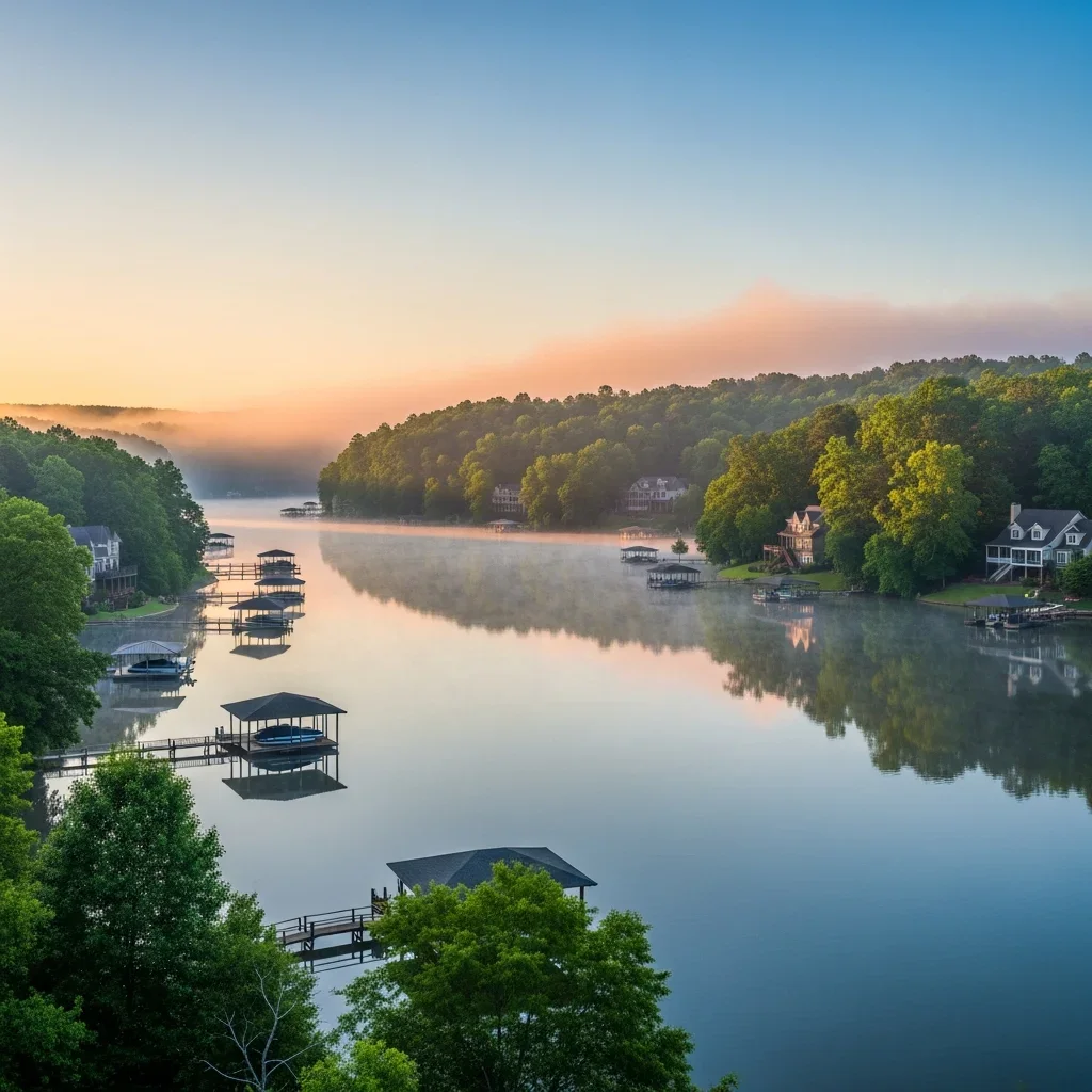 Lake Wylie reservoir shoreline with residential lakefront homes and docks visible through morning mist, Piedmont vegetation lining the banks of the Catawba River reservoir
