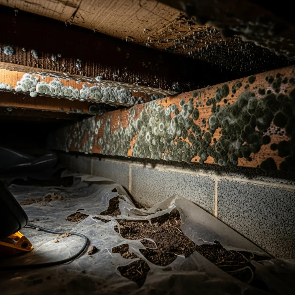 Close-up of dark gray and green mold growth on floor joists in a crawl space beneath a Lake Wylie, South Carolina home with degraded vapor barrier and exposed soil visible