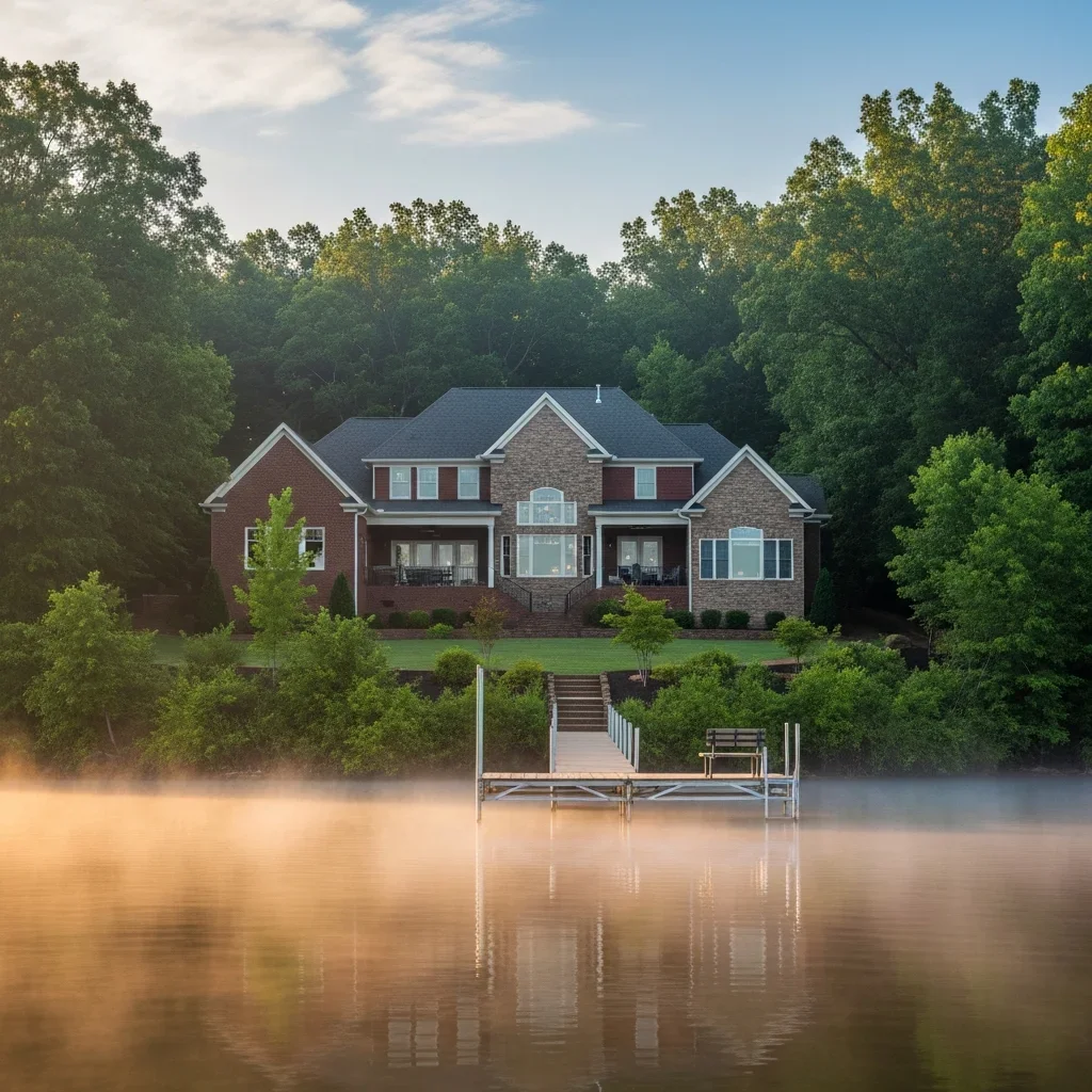 Lake Wylie lakefront home at dawn with visible morning humidity and mist rising from the Catawba Reservoir — the lake's thermal mass sustains elevated humidity that directly accelerates mold growth in nearby homes