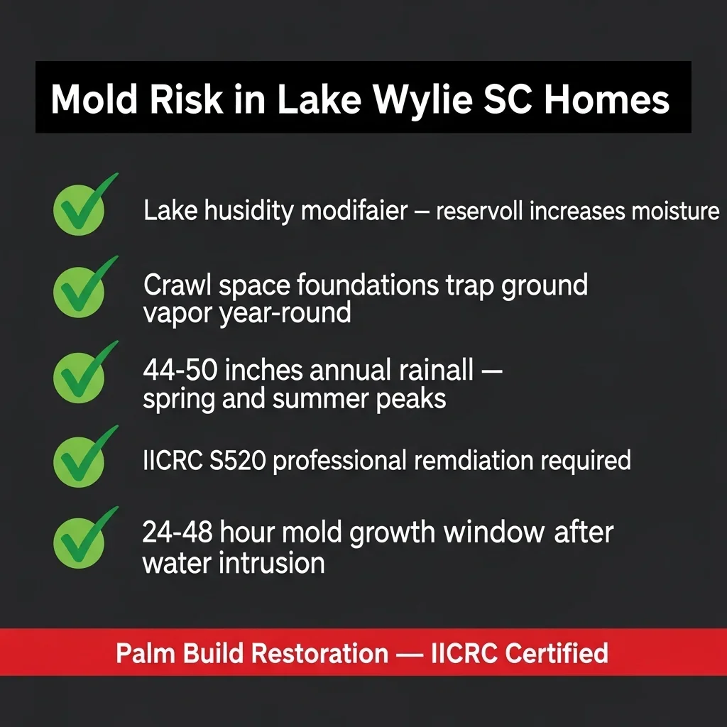 Mold risk infographic for Lake Wylie SC homes showing checklist of risk factors: lake humidity modifier, crawl space foundations, 44-50 inches annual rainfall, IICRC S520 standard, 24-48 hour mold window