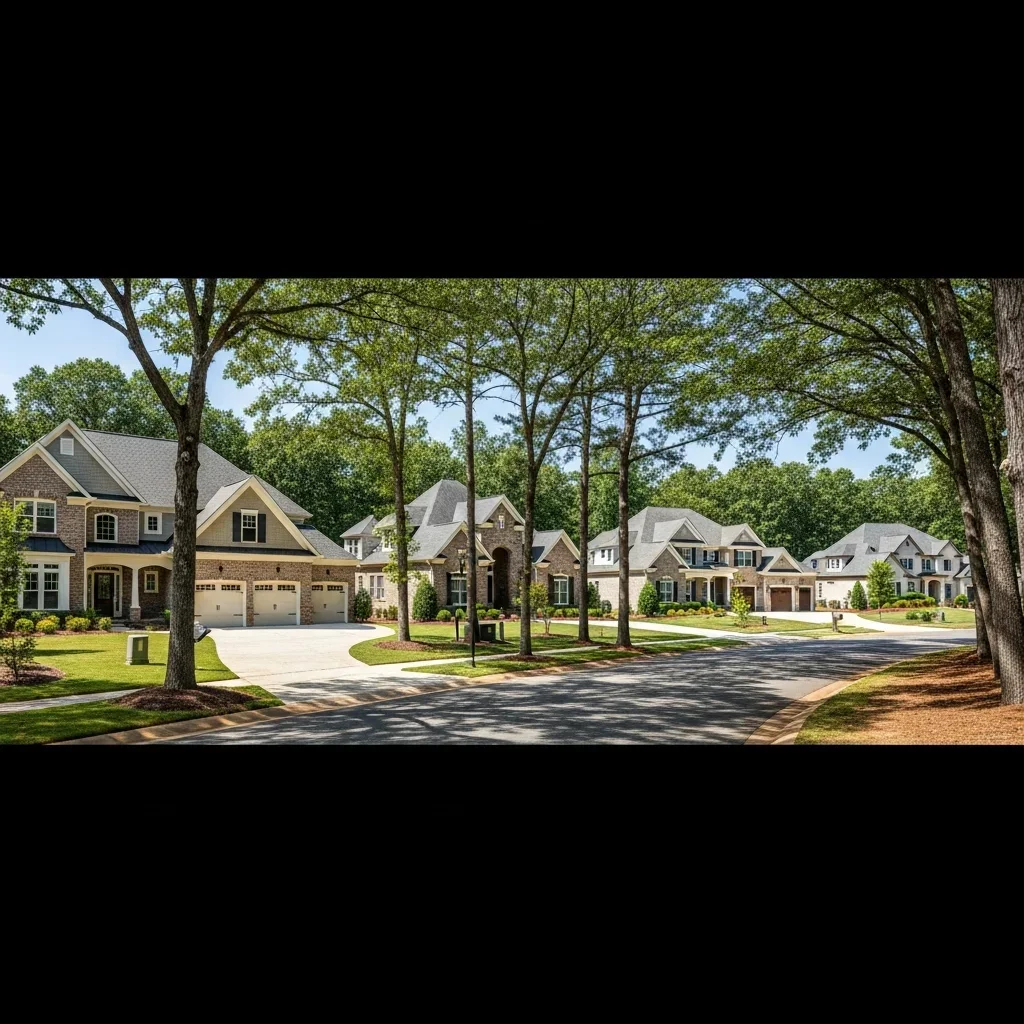 Street view of newer Lake Wylie, South Carolina subdivision with large brick and stone suburban homes on wooded lots with mature oak canopy — typical York County SC residential development