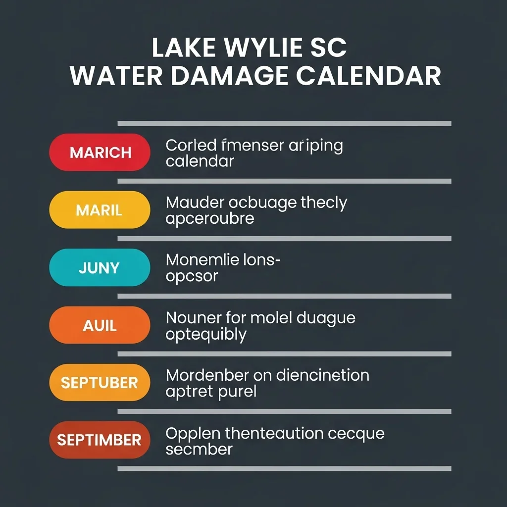 Lake Wylie SC seasonal water damage calendar infographic showing 5 risk windows: pipe freeze season, spring storm peak, humidity and mold season, tropical remnants, and winter heating season