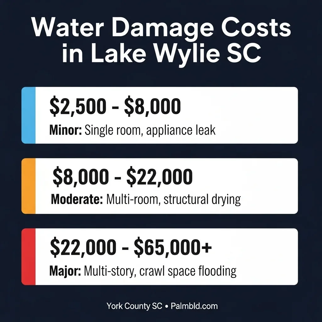 Water damage restoration cost guide for Lake Wylie SC showing three tiers: minor $2,500-$8,000, moderate $8,000-$22,000, and major $22,000-$65,000+