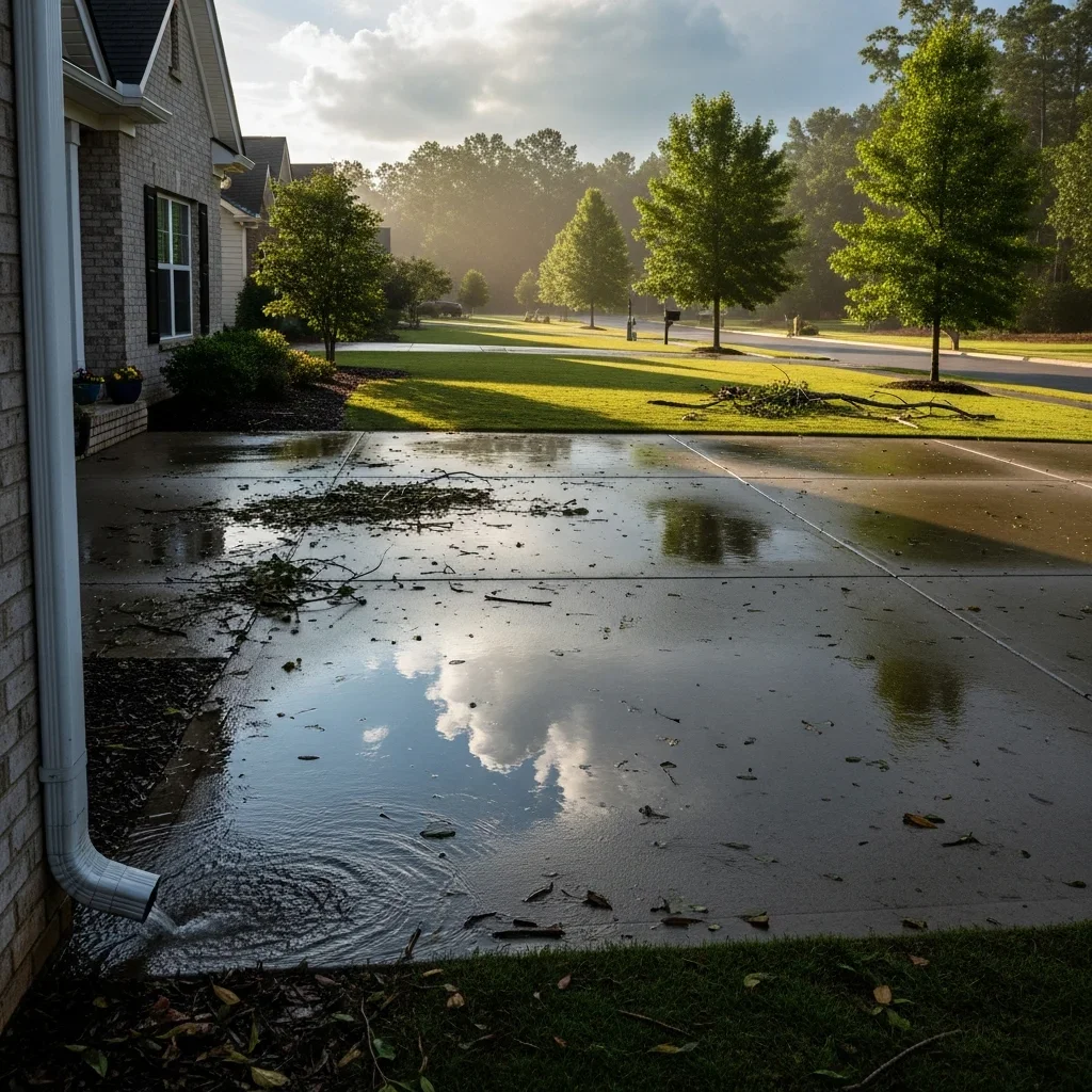 Suburban driveway in a Lake Wylie, South Carolina neighborhood immediately after a summer thunderstorm, showing gutter overflow, pooling water, and storm debris typical of York County heavy rain events