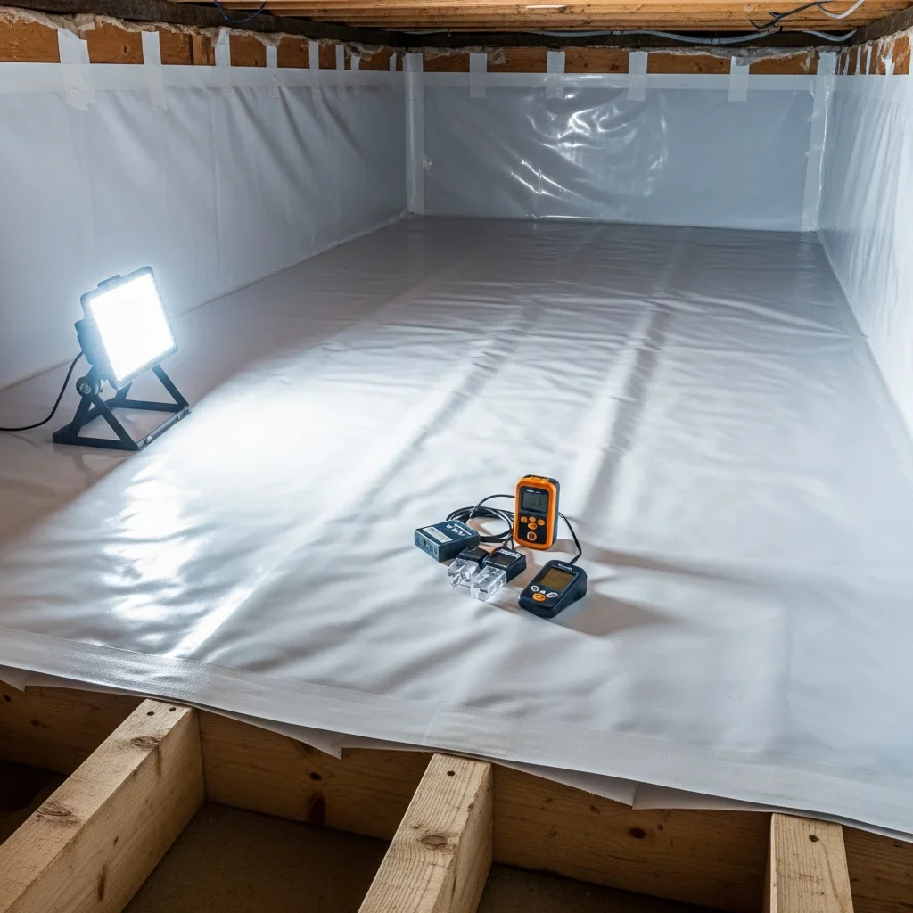 Clean crawl space after professional mold remediation in a Lake Wylie SC home — white vapor barrier installed, floor joists HEPA-cleaned and treated, no mold visible