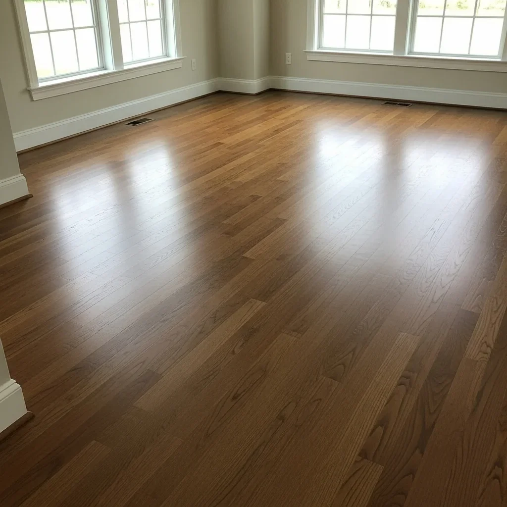Professionally restored hardwood floor in a Lake Wylie SC home — flat, smooth, uniform finish with no signs of previous water damage