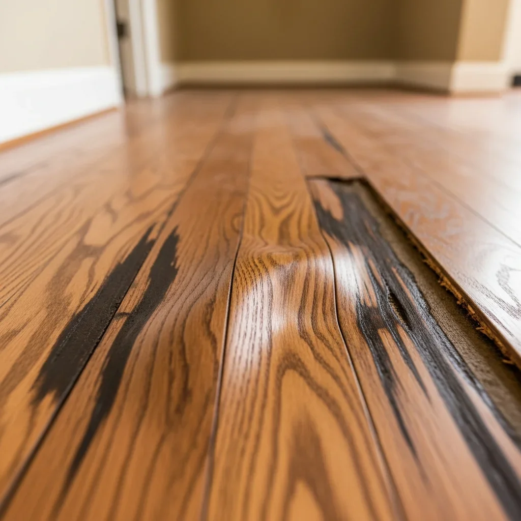 Water-damaged hardwood floor in a newer Lake Wylie SC home showing severe buckling, cupping, and water staining across multiple boards