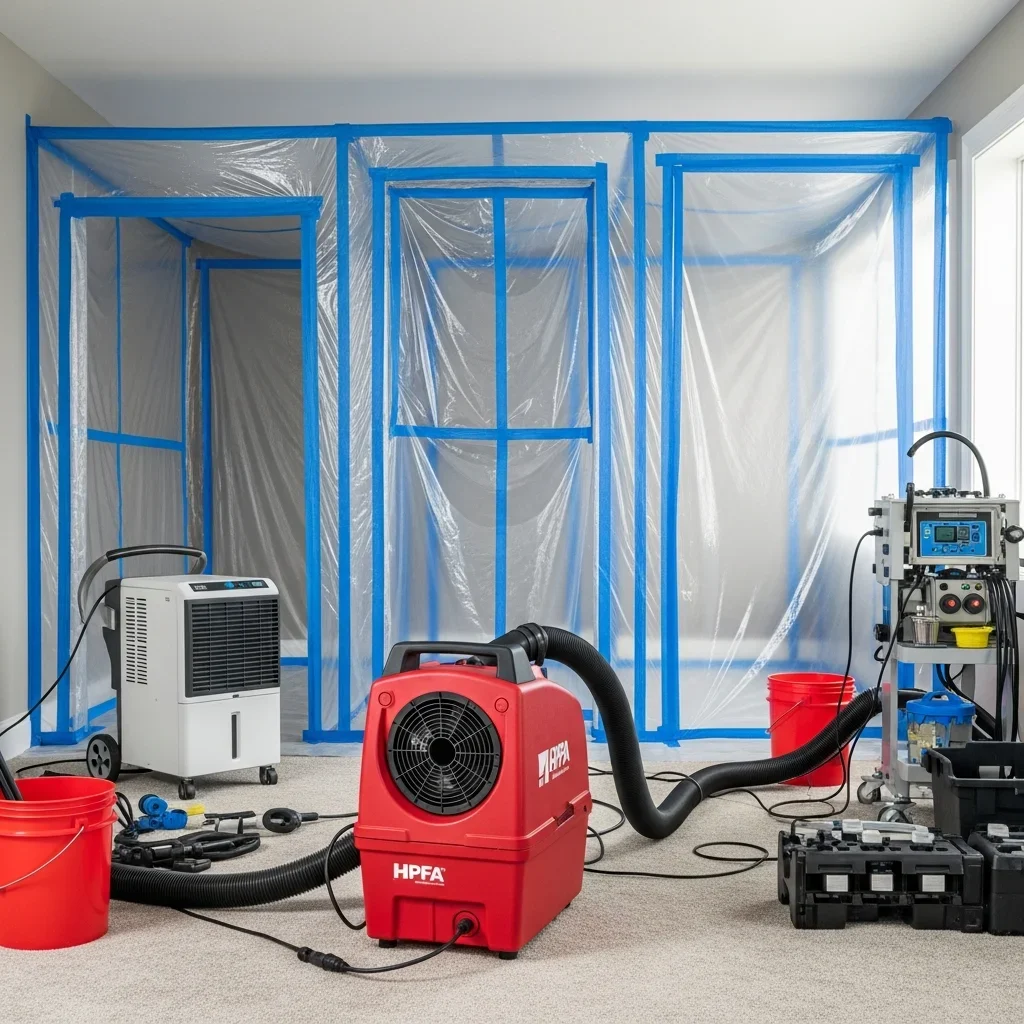 Professional mold remediation containment setup in a Lake Wylie SC home with HEPA air scrubbers, polyethylene barriers at doorways, and negative air pressure equipment running