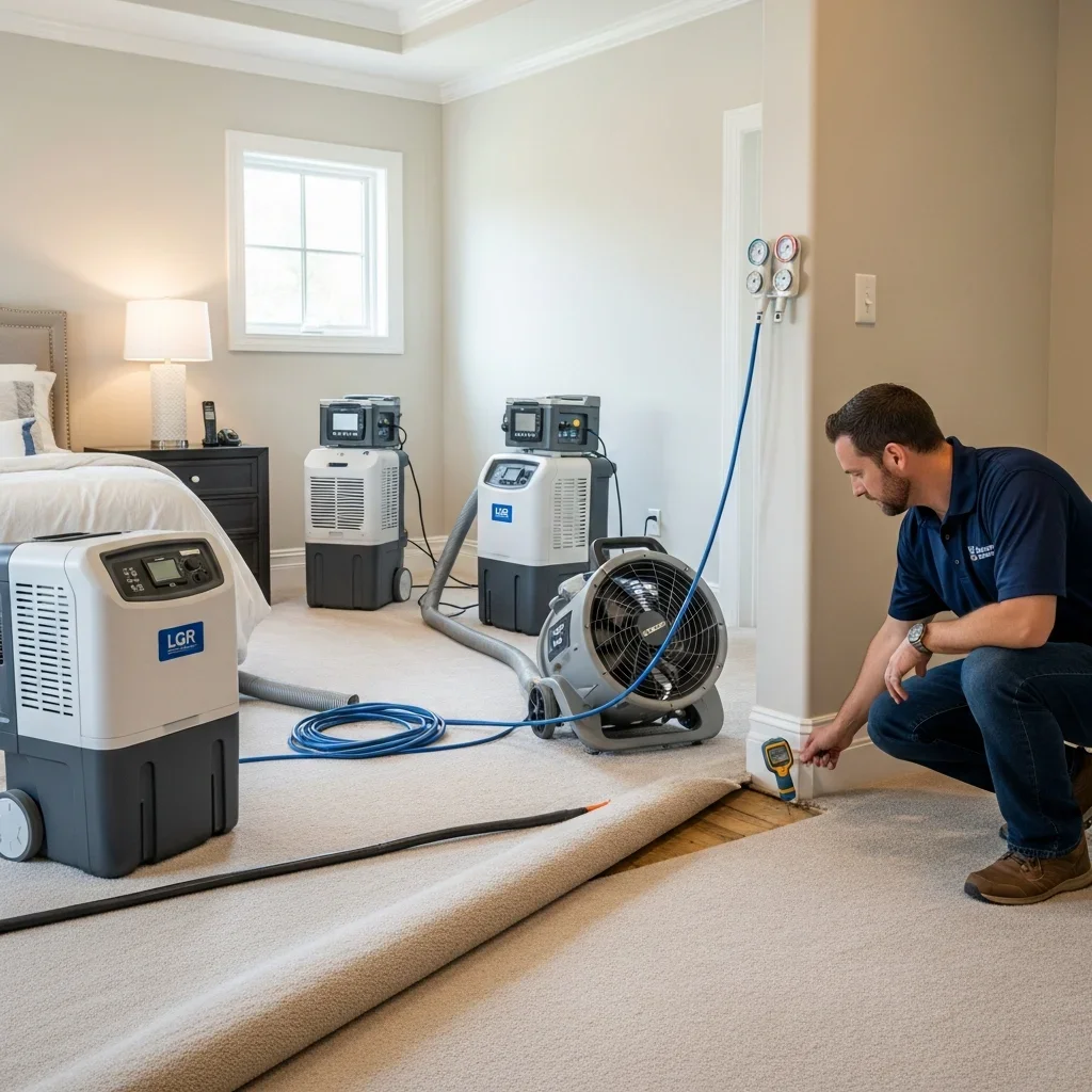 Commercial LGR dehumidifiers and high-velocity air movers professionally staged in a modern bedroom of a Lake Wylie SC home for structural drying