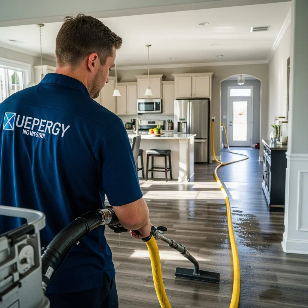 Palm Build restoration technician operating truck-mounted water extraction equipment on the luxury vinyl plank flooring of an open-concept Lake Wylie home