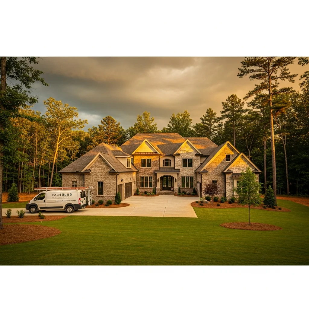 Palm Build restoration truck parked in the driveway of a newer brick and stone suburban home in Lake Wylie, South Carolina with storm clouds gathering overhead